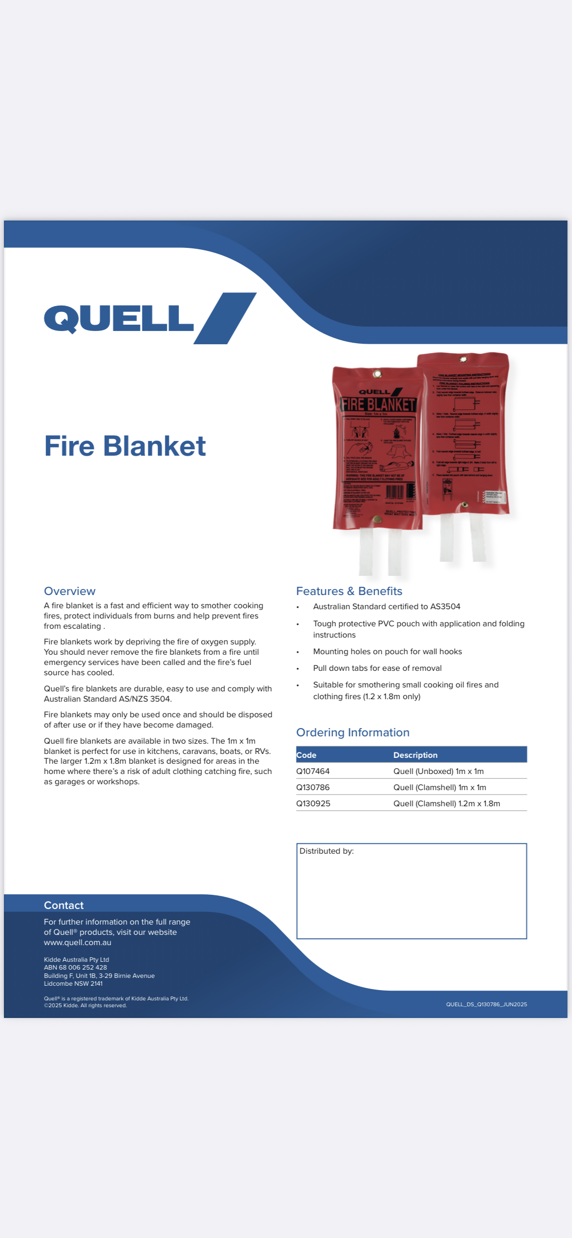 Quell 1m x 1m Fibreglass Fire Blanket