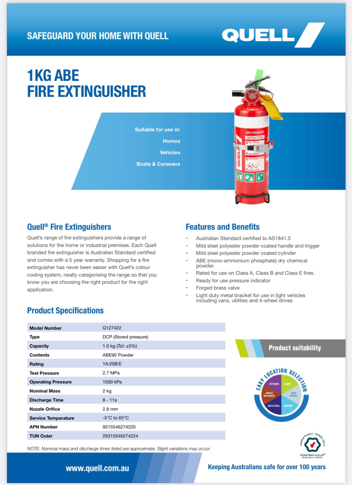 Quell 1.0Kg ABE Dry Powder Fire Extinguisher 1A:20B:E