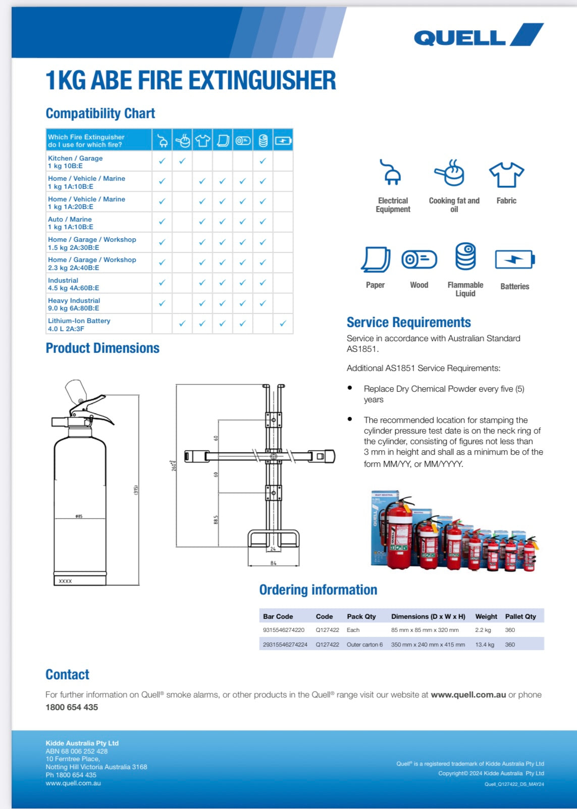 Quell 1.0Kg ABE Dry Powder Fire Extinguisher 1A:20B:E