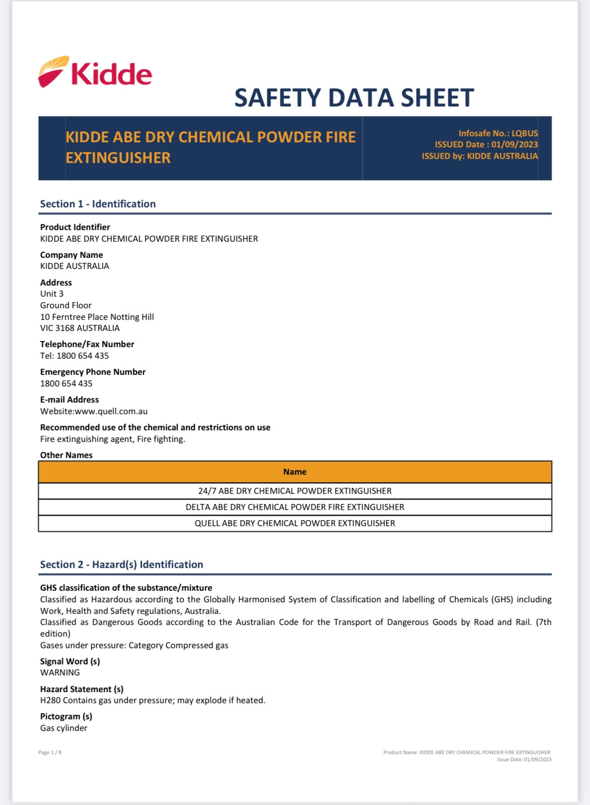 Quell 1.0Kg ABE Dry Powder Fire Extinguisher 1A:20B:E