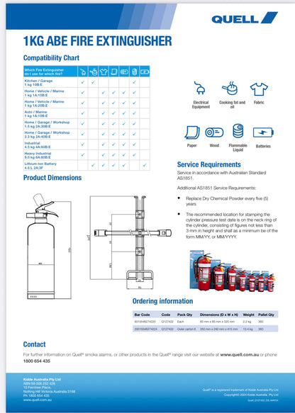 Quell 1.0Kg ABE Dry Powder Fire Extinguisher 1A:20B:E